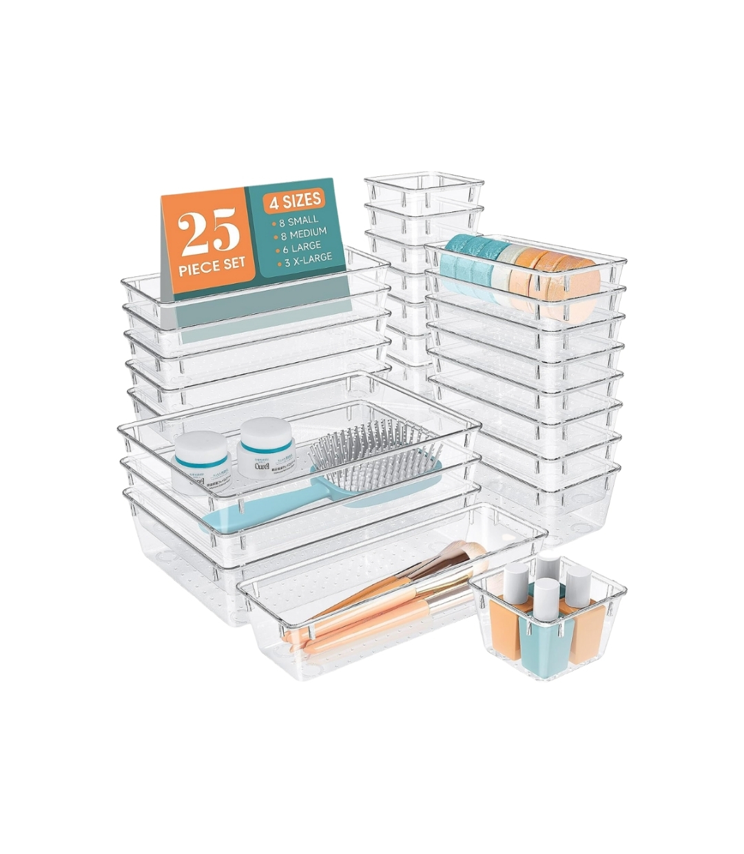 WOWBOX 25 PCS Clear Plastic Drawer Organizer Set